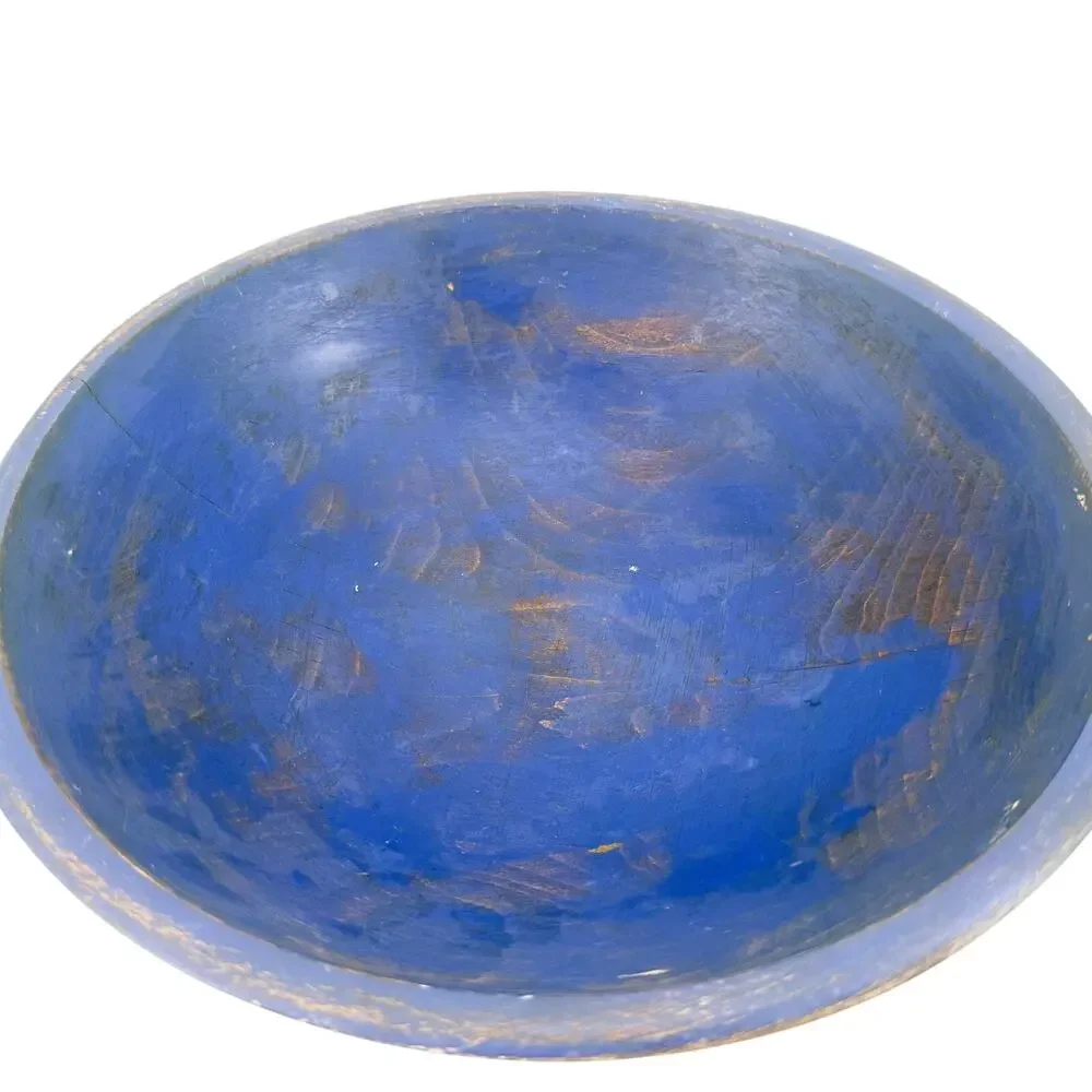 large wooden BOWL distressed blue 13
